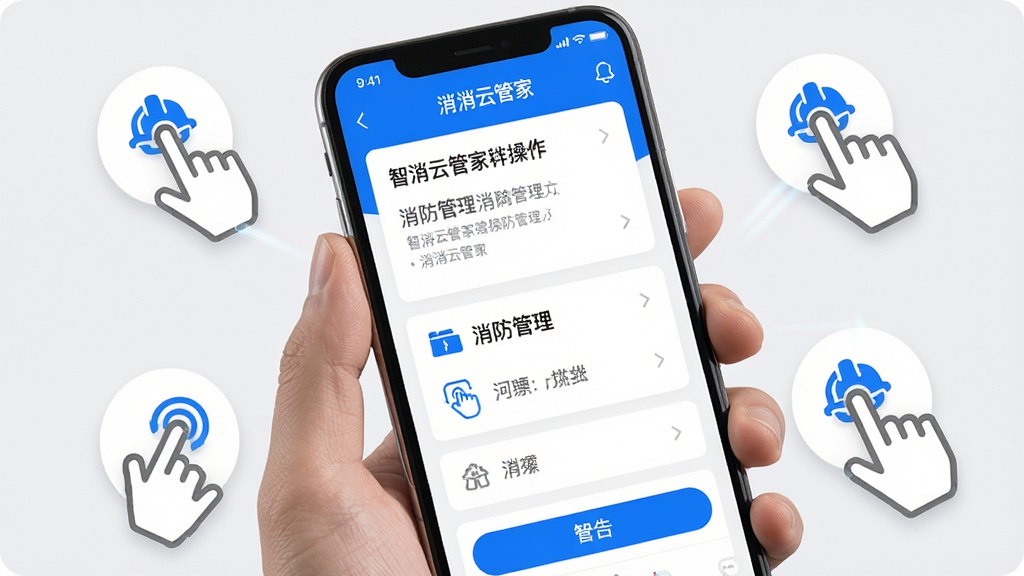 智消云管家移动端操作展示,画面中央为手持智能手机的特写,屏幕显示消防管理界面,周围环绕手指点击、滑动等手势图标,布局采用特写聚焦式构图,排版简洁,风格为移动互联网风格,细节包含蓝色高亮按钮、白色背景卡片、灰色文字说明,画质高清,干净无多余元素
