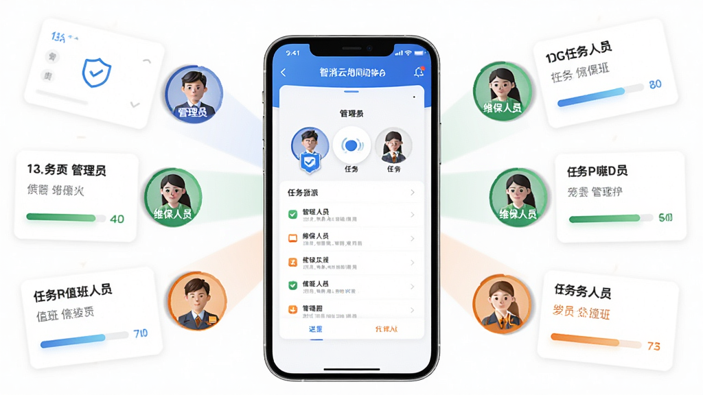 智消云管家多角色协同管理展示,画面中央为手机屏幕显示角色切换与任务指派界面,周围环绕人物头像图标、任务卡片、进度条,布局采用放射状构图,排版有序,风格为团队协作主题,细节包含蓝色管理员标识、绿色维保人员标识、橙色值班人员标识,画质清晰,干净无多余元素