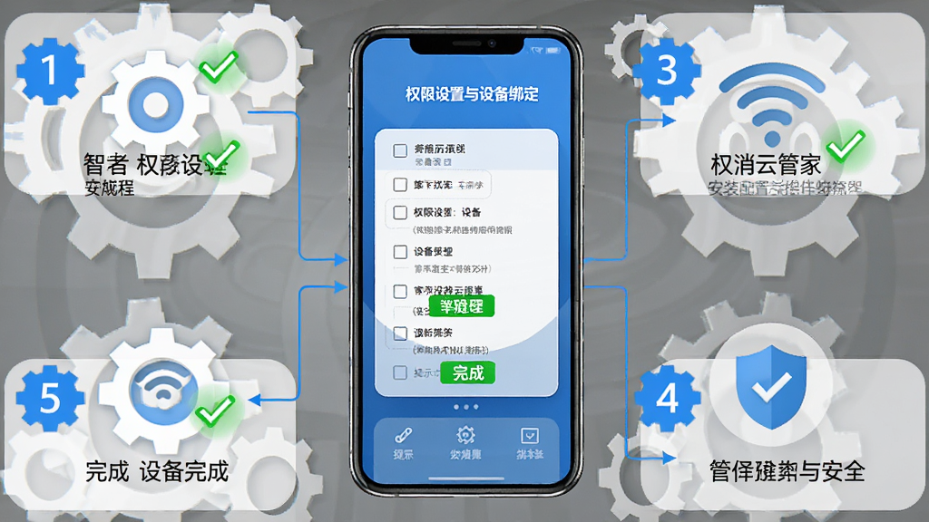 智消云管家安装配置流程示意图,画面中央为手机屏幕展示权限设置与设备绑定步骤,周围环绕齿轮图标、WiFi信号图标、盾牌安全图标,布局采用流程图式构图,排版清晰,风格为教程指引风,细节包含蓝色步骤序号、绿色完成勾选、灰色提示文字,画质高清,干净无多余元素