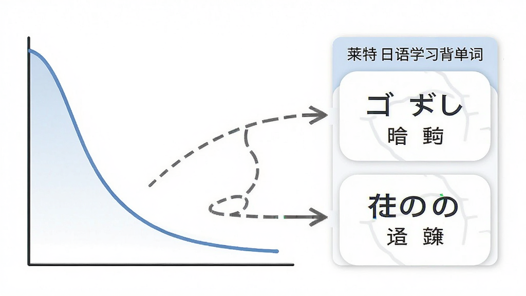 一张展示记忆曲线与单词卡片结合的示意图,画面左侧是一条平滑下降的记忆曲线,右侧是“莱特日语学习背单词”的单词卡片,卡片上有日语单词和中文释义,曲线与卡片之间有箭头连接,背景为白色,风格简约商务,细节清晰,画质干净,无多余元素