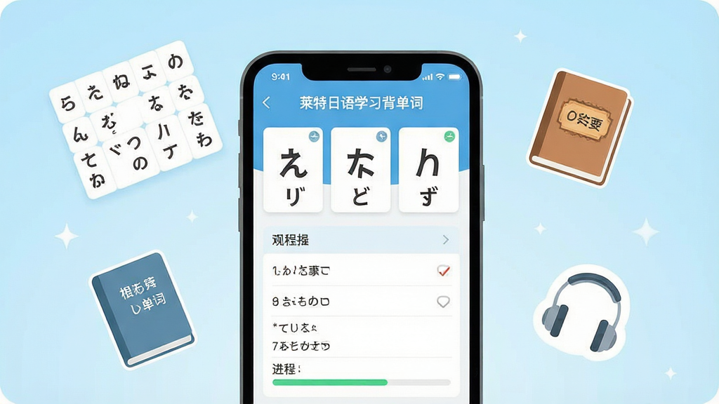 一张展示手机屏幕内日语学习应用界面的插画,画面中央是一台竖屏智能手机,屏幕中显示“莱特日语学习背单词”应用主界面,界面上有日语假名卡片、单词列表和进度条,手机周围漂浮着日语五十音图、单词本和耳机图标,背景为浅蓝色渐变,风格清新简洁,扁平化设计,画面干净,无多余元素,高清画质