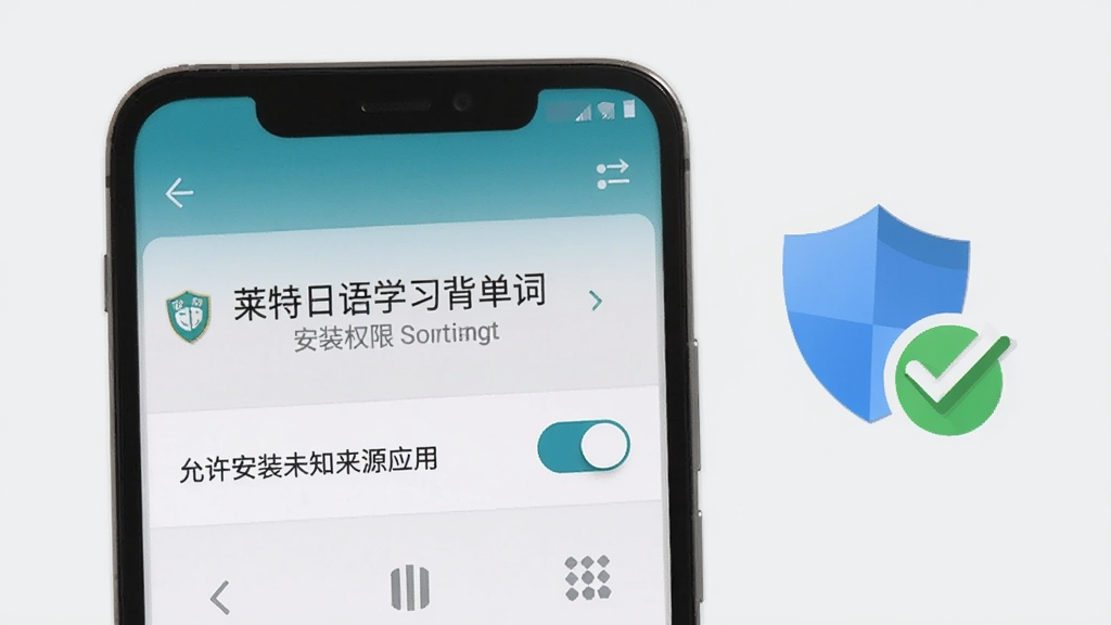 一部安卓手机屏幕显示“莱特日语学习背单词”的安装权限设置界面,界面上有“允许安装未知来源应用”的开关按钮,手机旁边有盾牌和勾选图标,背景为浅灰色,风格简约商务,画质干净,无多余元素