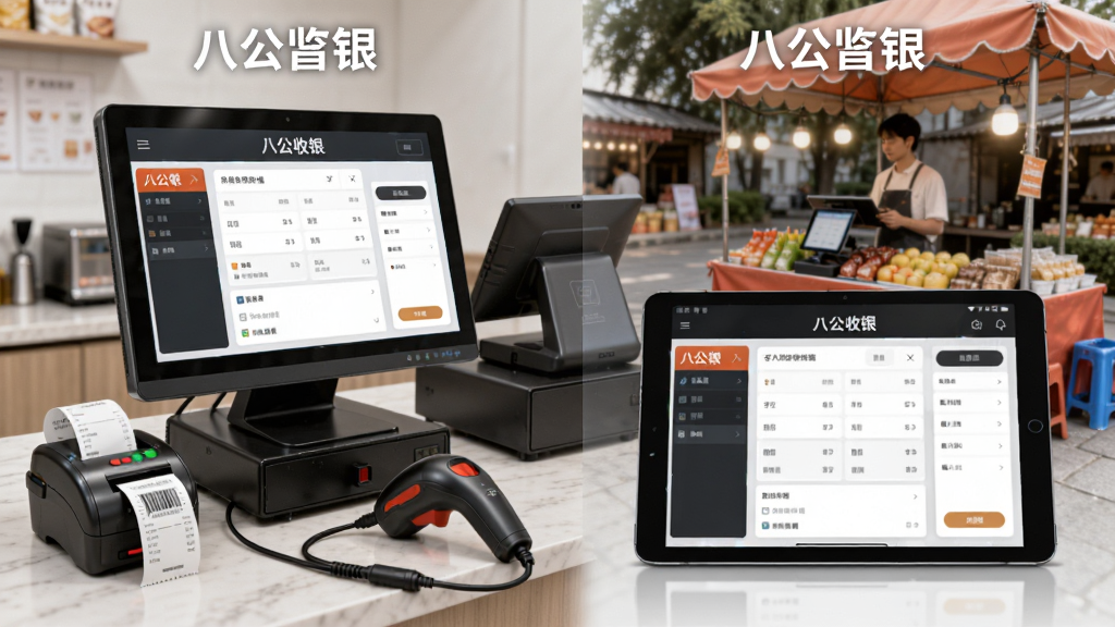 ����չʾ�˹������ڲ�ͬ�豸�ϵ����г����������һ̨̨ʽ��������������СƱ��ӡ����ɨ��ǹ���Ҳ���һ̨��׿ƽ�����а˹������ƶ��˽��棬����Ϊ�ŵ�����̨�ͻ���̯λ��������ƴ�ӣ����Ϊдʵ��Ʒչʾ�磬ϸ�ڰ����豸��Ļ�ϵİ˹�������������������ߣ���������������ɾ����豸��Ļ�Ϸ���
