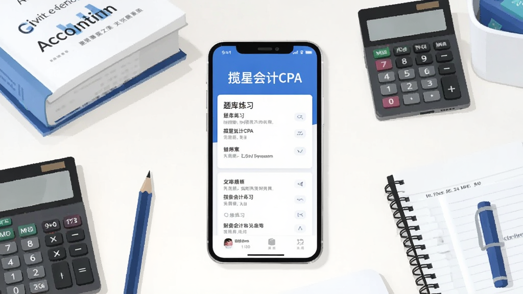 一张展示财会学习场景的插画,画面中央放置一部智能手机,手机屏幕上显示“揽星会计CPA”字样和题库练习界面,手机周围环绕着会计教材、计算器、铅笔、笔记本等学习用品,背景是简洁的书桌环境,整体采用扁平化插画风格,色彩以蓝色和白色为主,画面干净整洁,高清画质,无多余元素