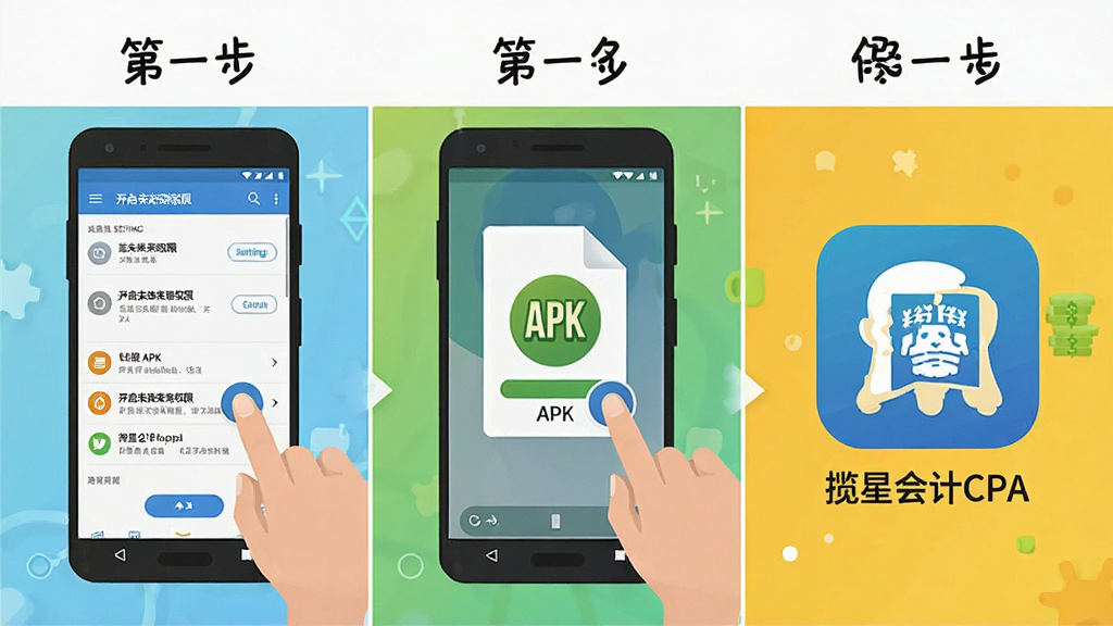 一张展示安卓手机安装应用步骤的示意图,画面分为三个步骤:第一步手机设置中开启未知来源权限,第二步点击APK文件安装,第三步打开“揽星会计CPA”应用图标,整体风格为扁平化教程插画,色彩明亮清晰,画质干净,无多余元素