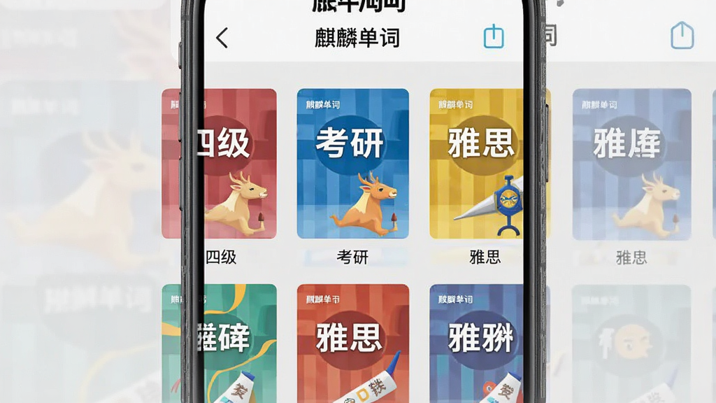 一张展示麒麟单词多词库选择界面的图片,画面为手机屏幕内排列多个词书封面,标注“四级”“考研”“雅思”等字样,封面颜色各异,背景为浅灰色,屏幕顶部显示“麒麟单词”软件名称,风格整洁,细节清晰,画质干净