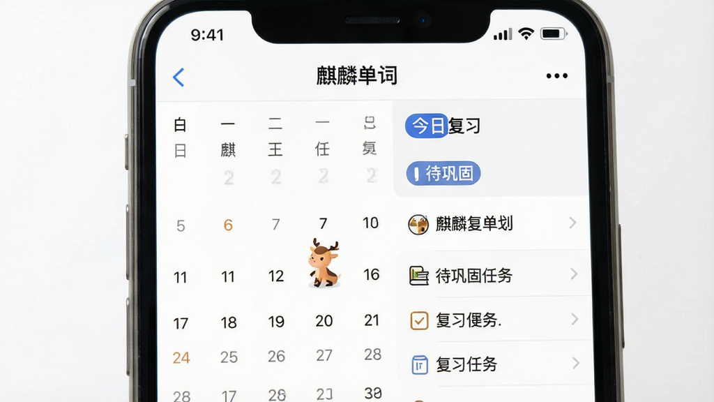 一张展示麒麟单词复习计划界面的图片,画面为手机屏幕内显示日历视图和复习任务列表,标注“今日复习”“待巩固”等字样,背景为白色,屏幕上方显示“麒麟单词”软件名称,风格简洁,细节清晰,画质干净
