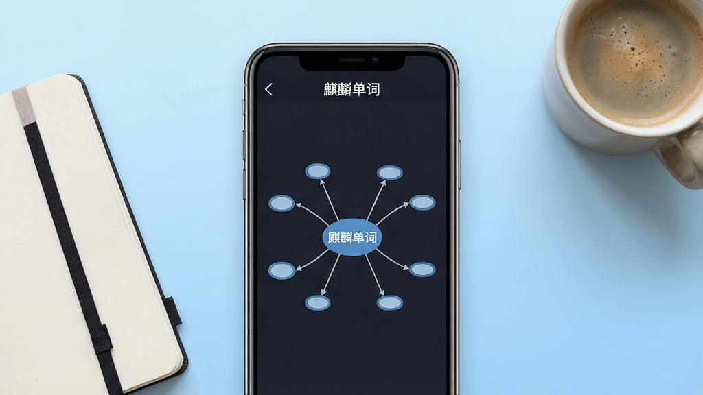 一张展示麒麟单词软件主界面的预览图,画面中央是手机屏幕,屏幕内显示单词脑图结构,节点由线条连接,标注“麒麟单词”字样,背景为浅蓝色渐变,桌面摆放笔记本和咖啡杯,整体风格清新简约,细节清晰,画质干净,无多余元素