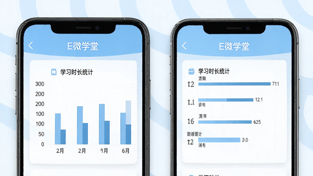 手机界面展示E微学堂学习报告页面,画面包含柱状图与学习时长统计,顶部标注“E微学堂”,背景为白色与浅蓝色搭配,风格清新素雅,数据图表清晰,画质干净利落