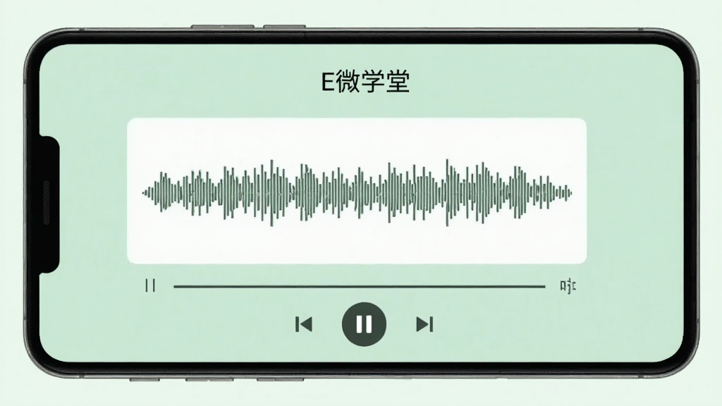 一部安卓手机横屏展示E微学堂听力播放界面,屏幕中央显示音频波形与播放控制按钮,顶部标注“E微学堂”名称,背景为柔和浅绿色,画面风格简约现代,细节清晰,画质干净无杂乱元素