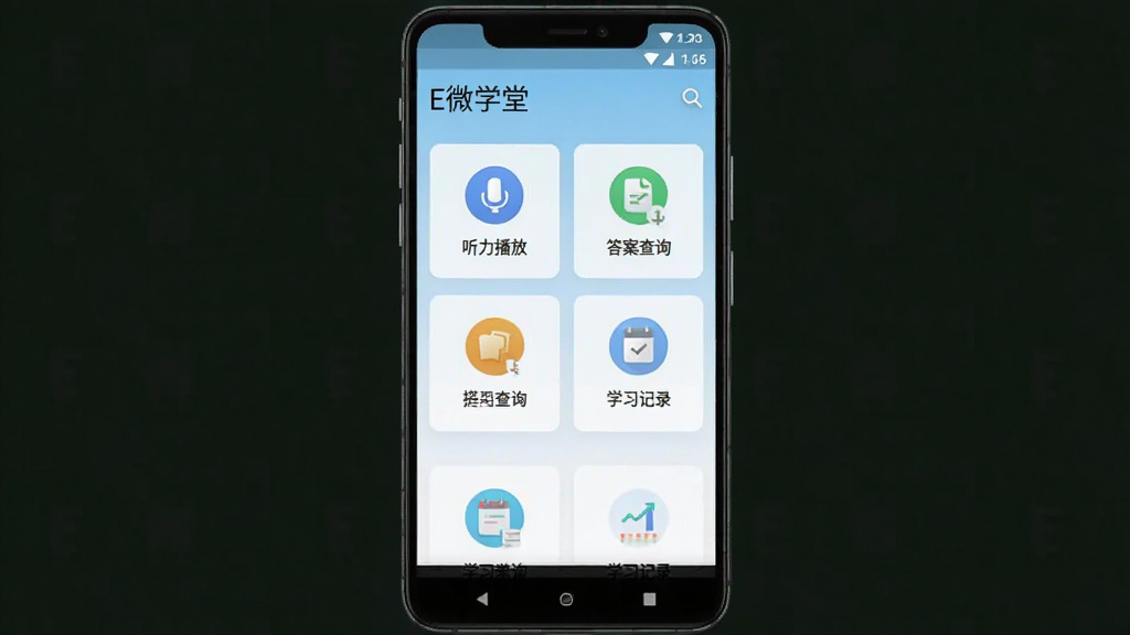 一张展示E微学堂应用主界面的手机预览图,画面中央是一部竖屏安卓手机,手机屏幕上显示E微学堂首页,顶部有“E微学堂”应用名称,页面包含听力播放、答案查询、学习记录等模块图标,背景为淡蓝色渐变,整体风格清新简洁,布局整齐,画质清晰,干净无多余元素