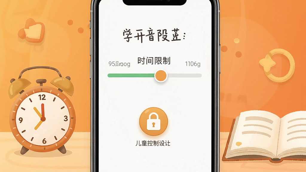 学拼音打字软件家长控制设置界面截图,画面中手机屏幕显示时间限制滑块与儿童锁图标,屏幕旁边有卡通时钟与书本元素,背景为暖橙色渐变,整体风格温馨舒适,画质清晰,干净整洁,无多余元素