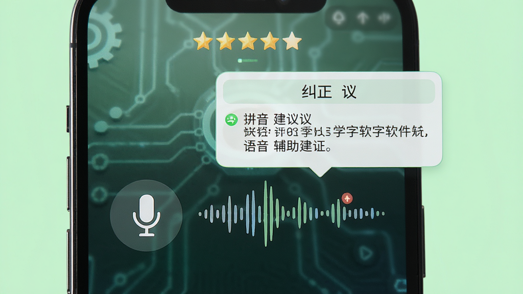 学拼音打字软件语音辅助功能界面截图,画面中手机屏幕显示麦克风图标与语音波形图,屏幕上方有评分星级与纠正建议弹窗,背景为浅绿色调,整体风格科技感十足,画质高清,干净整洁,无多余元素