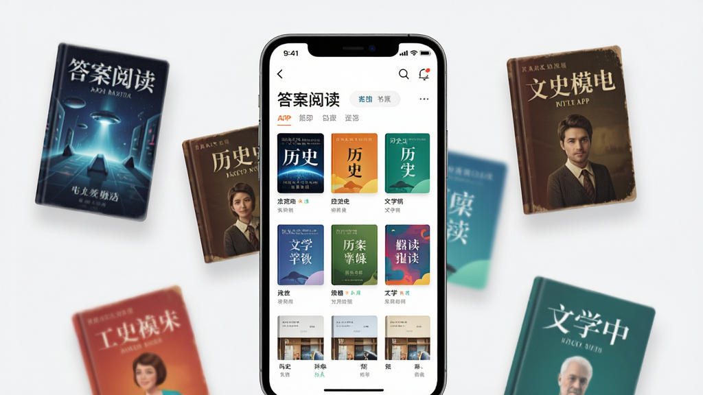 画面中心是一部智能手机,屏幕显示「答案阅读」APP的书籍分类界面,界面整齐排列着各种彩色书籍封面。手机周围漂浮着几本放大的书籍封面,如科幻、历史、文学等。背景是明亮的浅灰色,布局采用居中构图。风格为扁平化UI展示风,细节上,屏幕内UI元素清晰可见,书籍封面色彩鲜艳。画质高清,干净无多余元素。