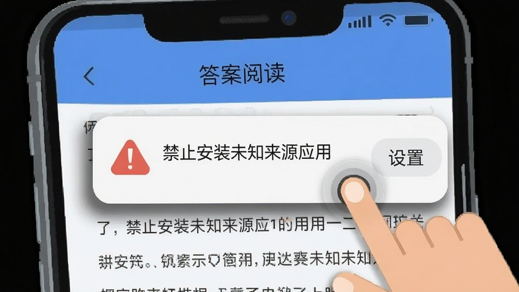 一部手机屏幕显示「答案阅读」APP的阅读界面,屏幕上方弹出一个带有红色感叹号的警告弹窗,提示「禁止安装未知来源应用」,旁边有一个手指图标指向「设置」按钮。布局为手机特写,风格为扁平化警示插画。细节上,弹窗有阴影效果,手指图标有按压反馈感。画质清晰,干净无多余元素。