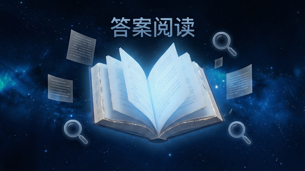 一张以「答案阅读」软件为主题的宣传图。画面主体是一本悬浮在半空中的发光电子书,书页展开,散发出柔和的蓝色光芒。周围环绕着漂浮的文字碎片和搜索放大镜图标。背景是深蓝色的星空,点缀着微弱的星光。整体布局居中,排版简洁。风格为现代科技感与文艺气息结合。细节上,书页边缘有细腻的纹理,文字碎片呈现半透明质感。画质清晰,干净无多余元素。