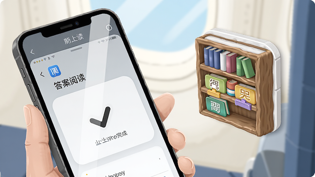 画面描绘一个飞机客舱场景,一位乘客正拿着手机阅读,手机屏幕上显示「答案阅读」的离线缓存界面,有一个下载完成的勾选标记。旁边有一个虚拟的书架图标,上面有分类标签。布局采用斜角透视,风格为生活场景插画风。细节上,手机屏幕有轻微反光,书架图标立体感强。画质清晰,干净无多余元素。