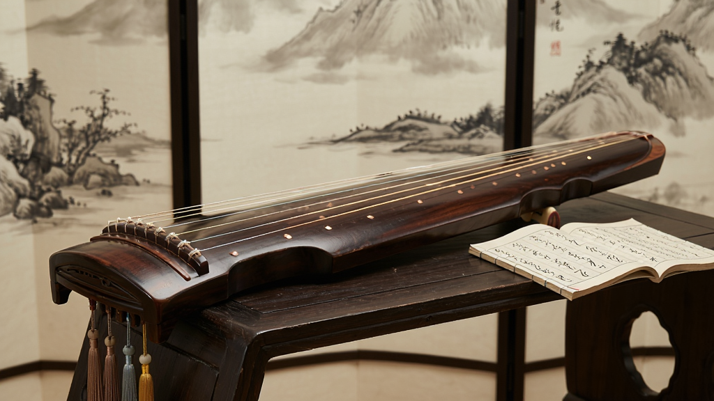 一幅展示古琴文化的场景图,画面中央是一张古朴的仲尼式古琴横置于深色木案上,琴弦泛着柔和光泽,琴身一侧放着一本翻开的线装琴谱,背景是淡雅的水墨山水屏风,整体色调以深棕、米白与墨色为主,风格为中国传统文人书房意境,细节处可见琴轸、雁足与琴穗,画面干净整洁,画质高清细腻,无多余元素,图片中不出现任何文字。