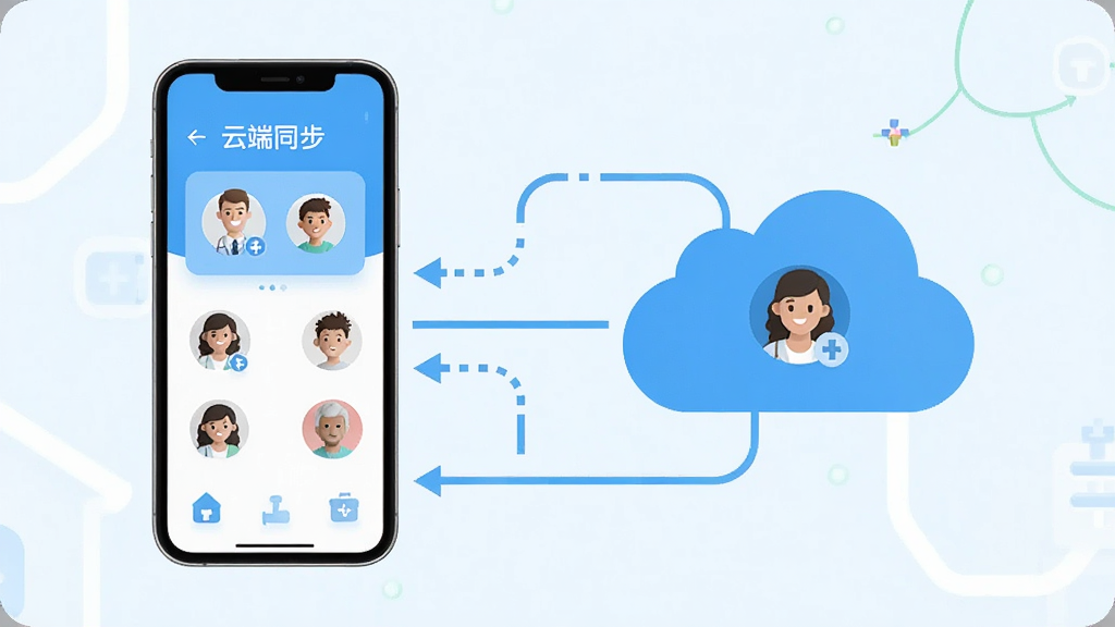 一张展示糖护士App云端同步和家庭成员共享功能的示意图,主体为手机和云朵图标,布局左右分布,排版简洁,风格清新浅色,细节包括数据流向箭头、家庭成员头像,画质清晰干净,无多余元素