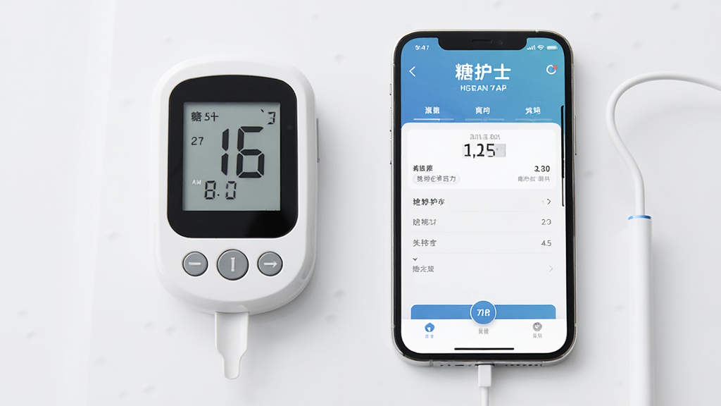 一张展示糖护士手机血糖仪与手机连接场景的图片,主体为白色血糖仪和智能手机,布局居中,排版简洁,风格现代科技感,细节包括血糖仪屏幕显示数值、手机屏幕展示糖护士App界面,画质清晰干净,无多余元素