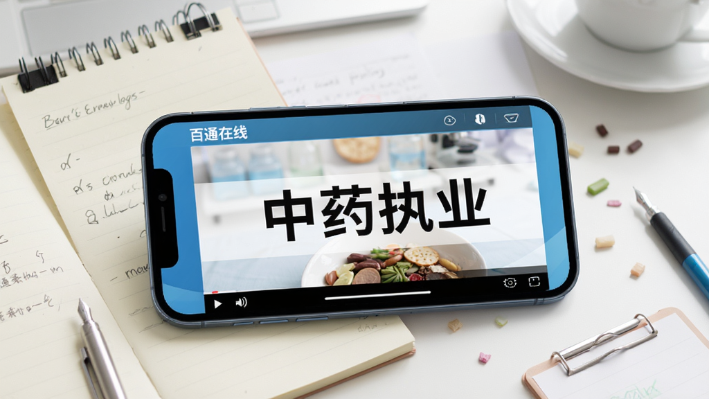 百通在线移动端学习场景图,画面为手机横屏播放医学课程视频,屏幕内文字显示