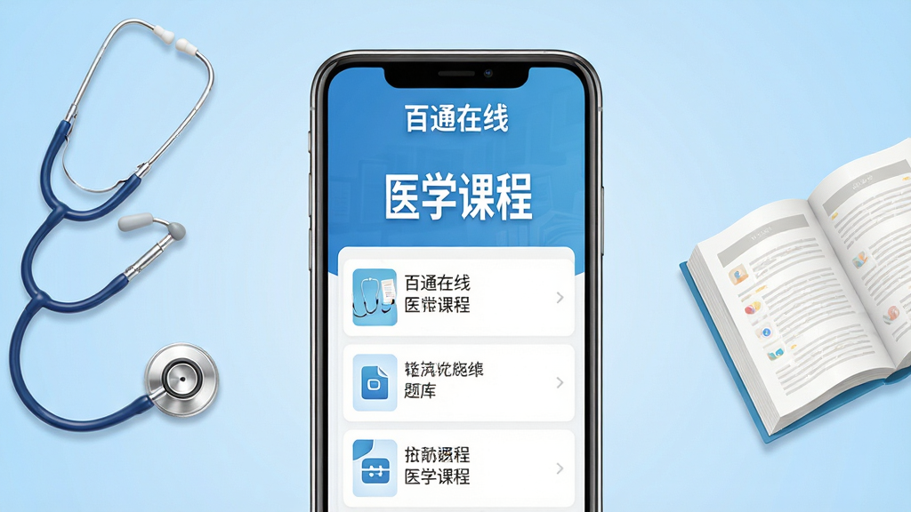 百通在线软件主界面预览图,画面中央是手机屏幕展示医学课程列表与题库入口,背景为浅蓝色渐变,屏幕内文字清晰显示