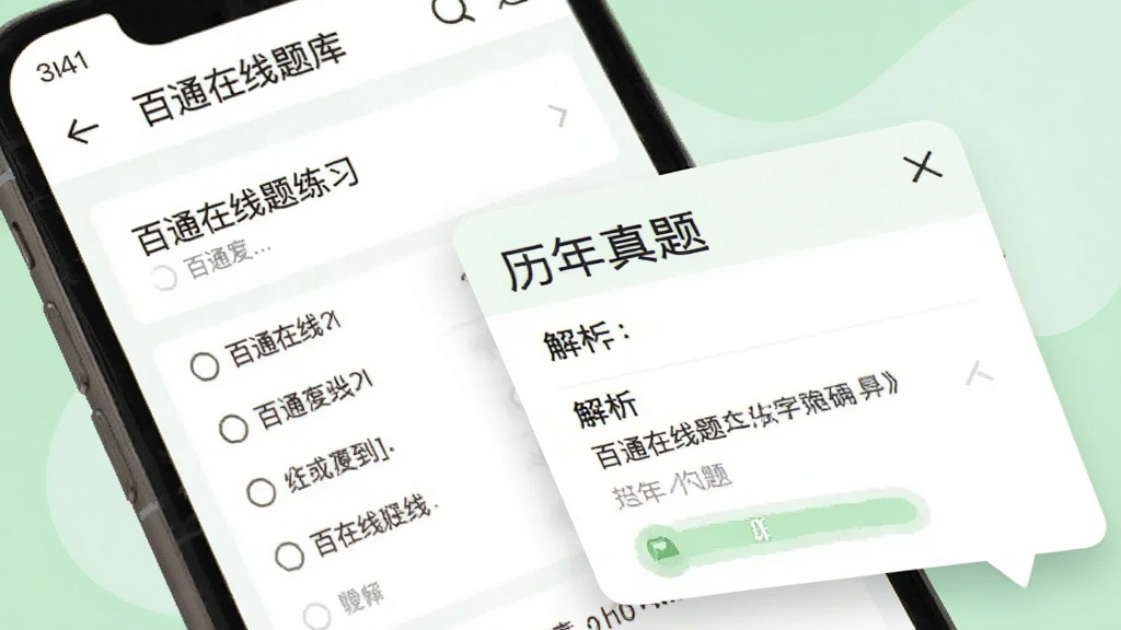 百通在线题库练习界面,手机屏幕展示单选题与解析弹窗,屏幕内文字包含