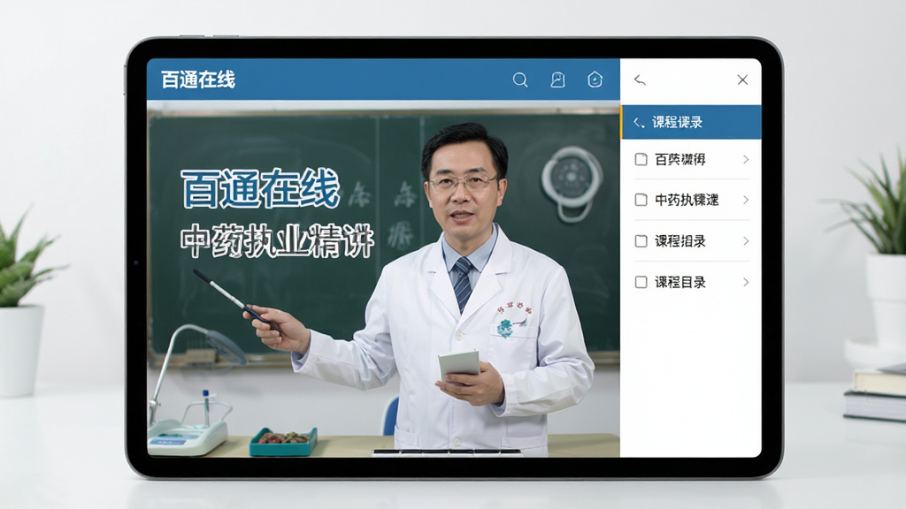 百通在线课程学习界面,画面主体为平板电脑显示医学讲师授课画面与课程目录侧边栏,屏幕内文字标注