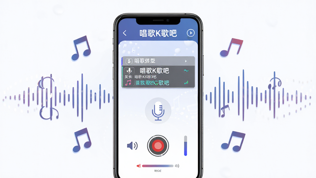 软件名称“唱歌K歌吧”为主题,主体为一部竖屏手机,屏幕中显示K歌录制界面,有歌词滚动条与麦克风图标,布局采用居中构图,手机两侧环绕音符与声波线条,排版简洁清晰,风格为现代扁平化科技风,细节包含耳机、音符、录音按钮、音量条,画质高清,干净,无多余元素