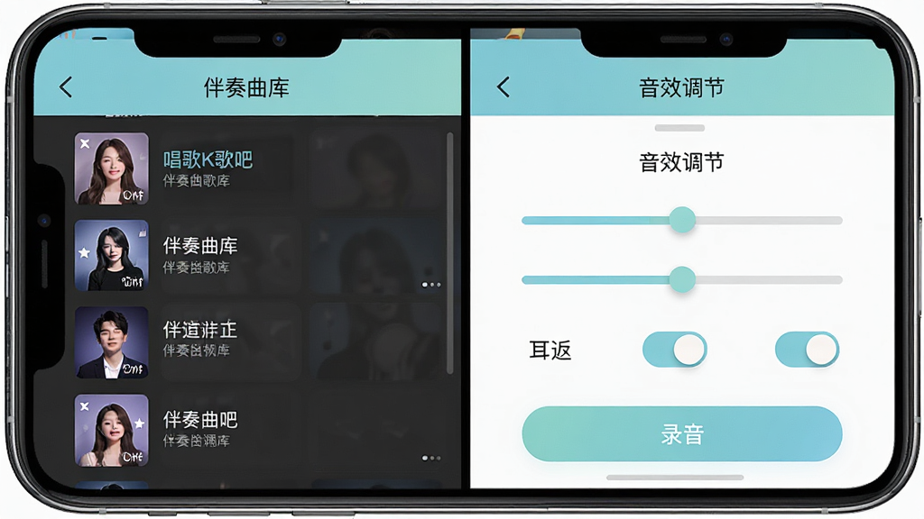 软件“唱歌K歌吧”功能展示图,主体为手机屏幕分屏展示伴奏曲库列表与音效调节面板,布局采用左右分栏,排版整齐,风格为清新浅色系,细节包含歌曲封面、音效滑块、耳返开关、录音按钮,画质高清,干净,无多余元素