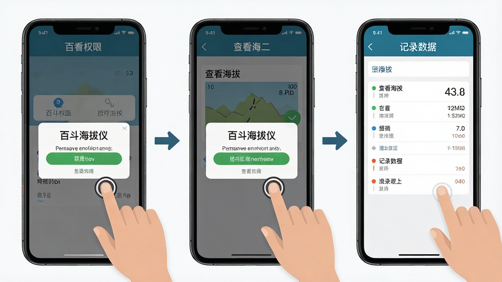 一张展示百斗海拔仪新手操作步骤的图片,画面为手机屏幕分步截图排列,第一步授予权限、第二步查看海拔、第三步记录数据,布局为三格横向排列、箭头引导,风格为扁平化教程风,细节包括手指点击图标、权限弹窗、数据面板,画质为高清、干净、无多余元素
