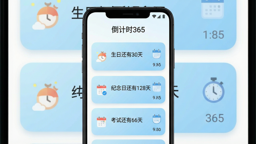 一张竖版手机应用界面展示图,画面中心是一部安卓手机,屏幕显示倒计时365软件的主界面,界面顶部有“倒计时365”文字标题,下方排列多个倒计时卡片,分别标注“生日还有30天”“纪念日还有128天”“考试还有66天”等,卡片采用圆角设计,背景为浅蓝色渐变,整体布局简洁清晰,风格清新现代,细节上卡片带有小图标装饰,画质高清,画面干净,无多余元素
