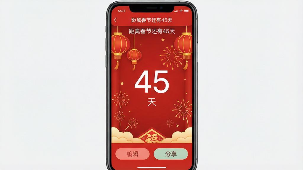 一张手机屏幕截图展示图,画面中倒计时365软件正在展示“距离春节还有45天”的倒计时详情页,页面中央有大号数字“45”,下方标注“天”,背景为红色喜庆风格,带有灯笼与烟花插画元素,页面底部有“编辑”“分享”按钮,整体排版居中对称,风格温暖喜庆,画质清晰,细节丰富,画面干净整洁