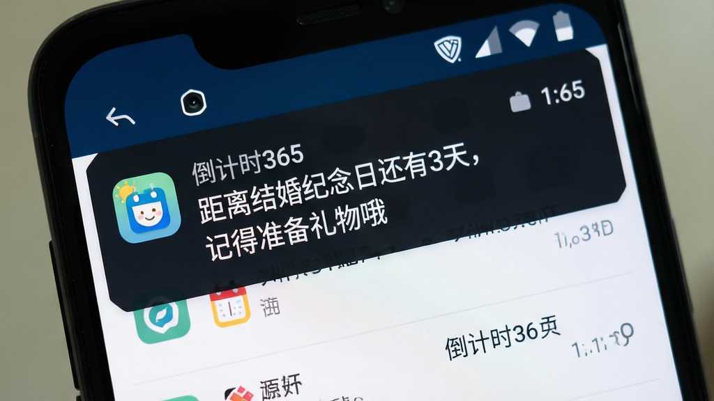 一张手机通知栏展示图,画面中一部安卓手机屏幕顶部下拉通知栏,显示一条来自倒计时365的提醒通知,内容为“距离结婚纪念日还有3天,记得准备礼物哦”,通知左侧有软件图标,右侧显示时间,背景为深色通知面板,风格真实自然,画质清晰,画面干净无杂乱通知