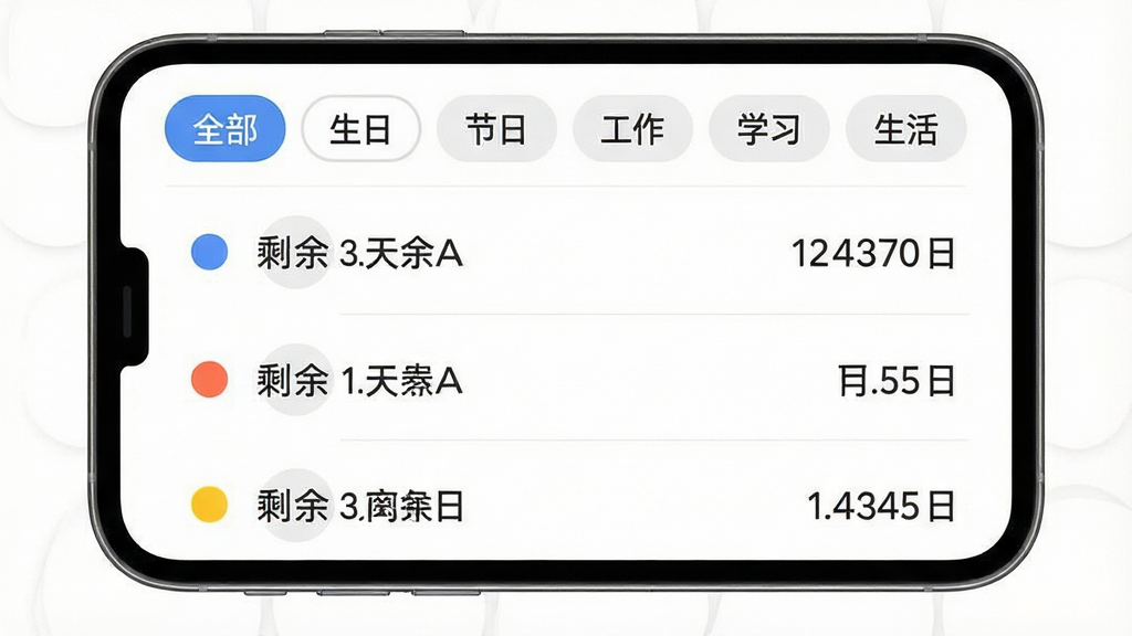 一张手机应用界面展示图,画面中倒计时365软件的标签管理页面,顶部有“全部”“生日”“节日”“工作”“学习”“生活”等标签按钮,当前选中“生日”标签,下方列表显示三个生日倒计时条目,每条左侧有彩色圆点标识,右侧显示剩余天数,背景为白色,排版清晰,风格简洁明快,画质干净,无多余装饰
