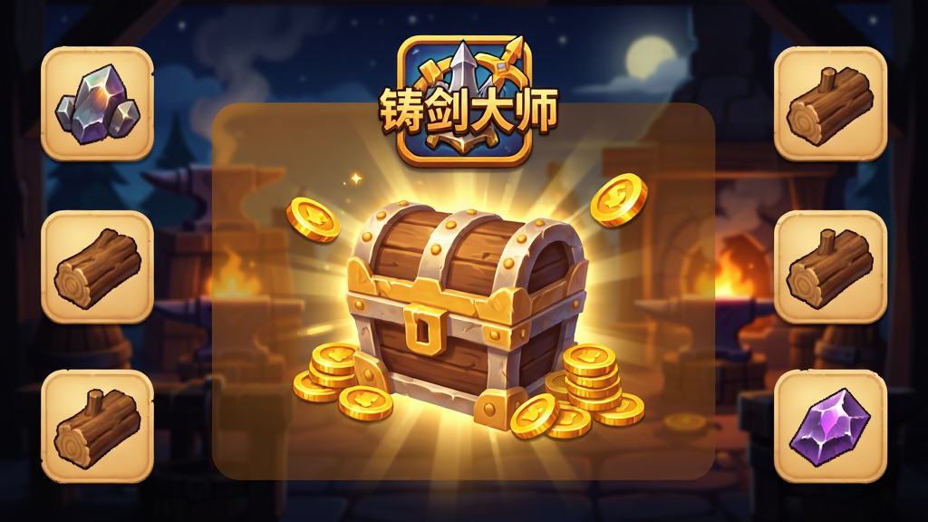 游戏离线收益弹窗界面,画面中央显示一个宝箱与金币堆叠的动画效果,上方有“铸剑大师”游戏图标,周围环绕着矿石、木材等材料图标,背景是夜晚的铸剑工坊剪影,整体色调温暖明亮,界面简洁清晰,画质精细,干净无多余元素