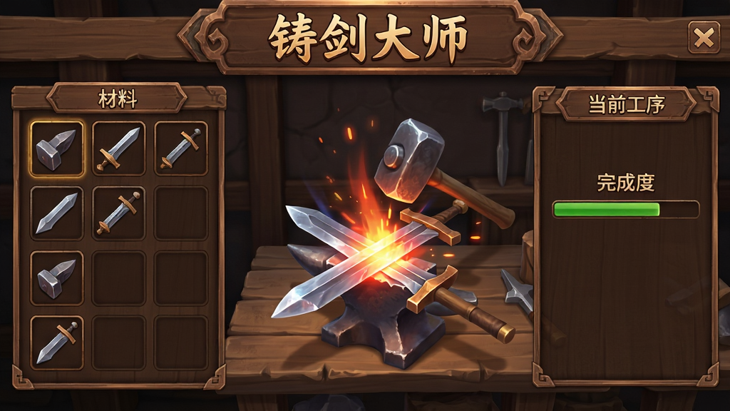 游戏界面截图风格,画面中展示铸剑大师的锻造操作台,左侧是材料选择区,中间是正在锻打的剑坯与铁锤动画,右侧显示当前工序与完成度,界面采用木质纹理与青铜色调,顶部有游戏名称“铸剑大师”字样,整体布局清晰,中国风UI设计,画质细腻,干净无杂乱元素
