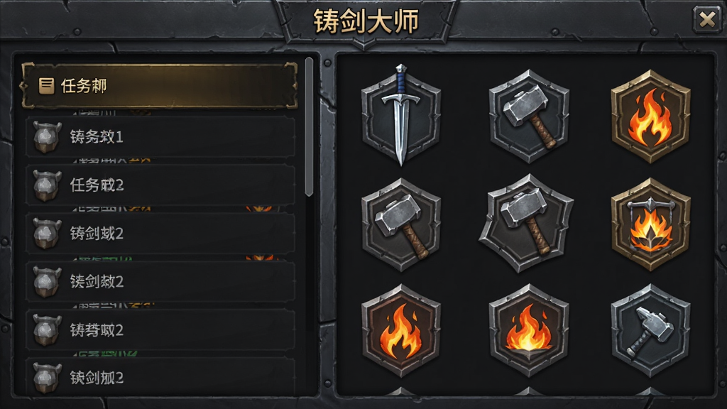 铸剑大师任务成就界面截图,画面左侧是任务列表,右侧是成就徽章展示墙,徽章上刻有剑、锤子、火焰等图案,顶部有游戏名称“铸剑大师”,界面采用深色金属质感背景,文字清晰,布局规整,画质优良,干净整洁
