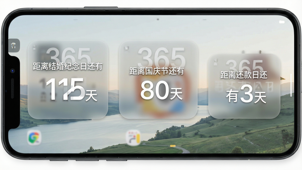 一张手机桌面展示图,画面中一部安卓手机的主屏幕,桌面上放置了三个不同尺寸的倒计时365小组件,分别显示“距离结婚纪念日还有12天”“距离国庆节还有80天”“距离还款日还有3天”,小组件背景为半透明磨砂效果,字体为白色,桌面壁纸为浅色风景图,整体布局整齐,风格简约时尚,画质高清,无杂乱图标