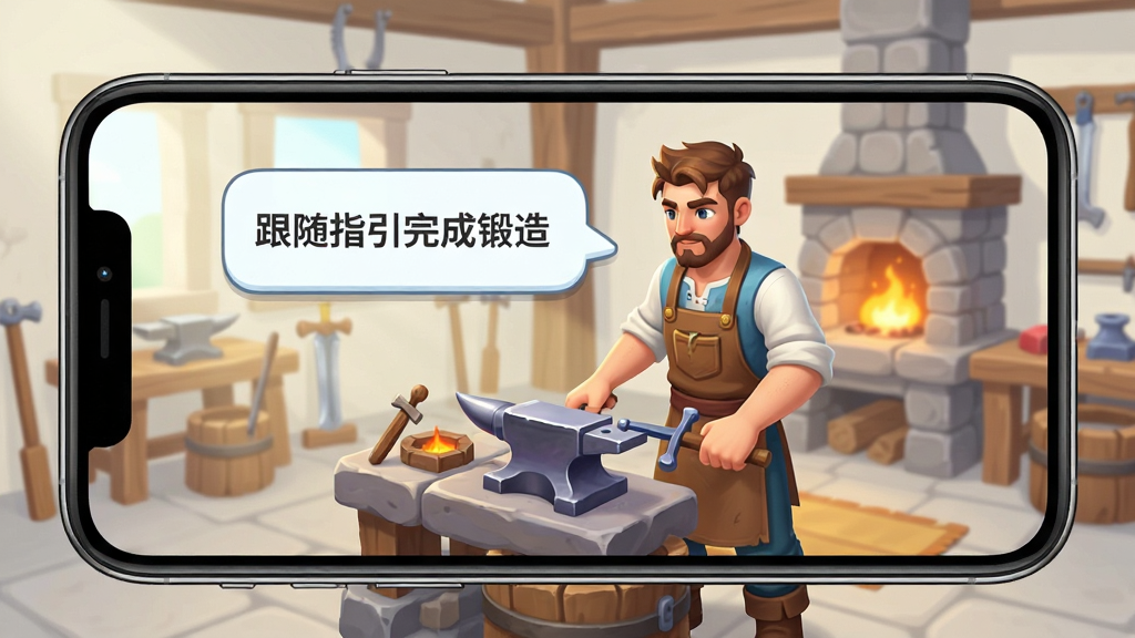 手机屏幕展示铸剑大师游戏界面,画面中一位新手铸剑师正在锻造台前操作,旁边有提示气泡写着“跟随指引完成锻造”,背景是简洁的工坊场景,整体风格清新明亮,画质清晰,干净无多余元素