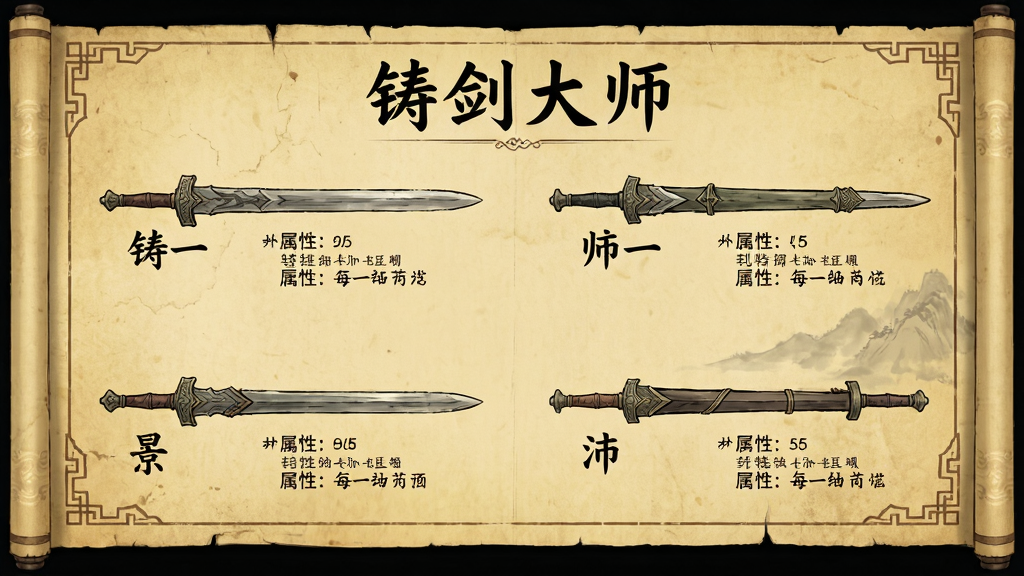 中国风图鉴册页面设计,画面中展示多把古代名剑的插画与文字介绍,每把剑旁标注名称与属性,页面采用泛黄古籍纸张质感,四周有卷轴边框装饰,顶部居中写着“铸剑大师”四个书法字体,整体风格古朴典雅,排版整齐,画质高清,干净无多余装饰