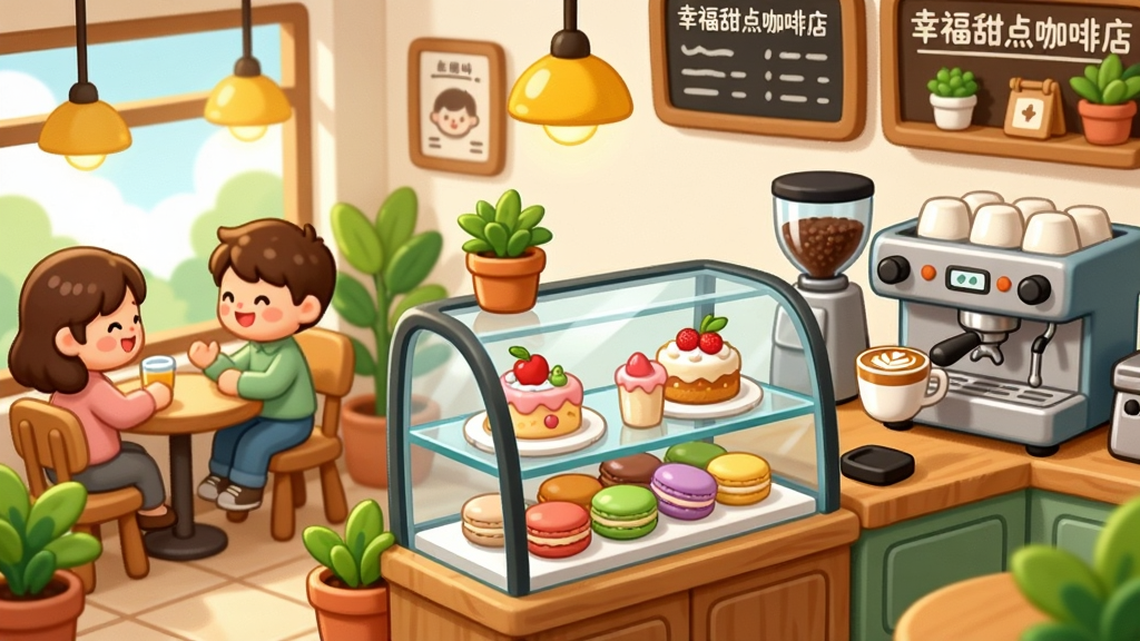 一张明亮温馨的卡通风格咖啡店内部场景,画面中央是摆满精致蛋糕和马卡龙的玻璃展示柜,右侧是正在制作拿铁的咖啡机,左侧靠窗位置有两位顾客正在愉快交谈,整体布局采用斜向透视构图,风格为清新治愈的2D手绘插画,细节包括木质桌椅、绿色盆栽、暖黄色吊灯、菜单黑板,画面中带有