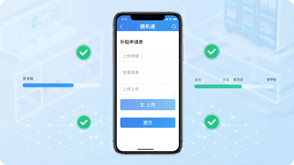 一款名为“赣机通”的手机应用界面展示图,画面中央是补贴申请表单填写页面,包含输入框、上传按钮和提交按钮,周围有审核进度条和绿色对勾图标,背景是浅蓝色科技感网格,风格简洁现代,画质清晰,干净,无多余元素