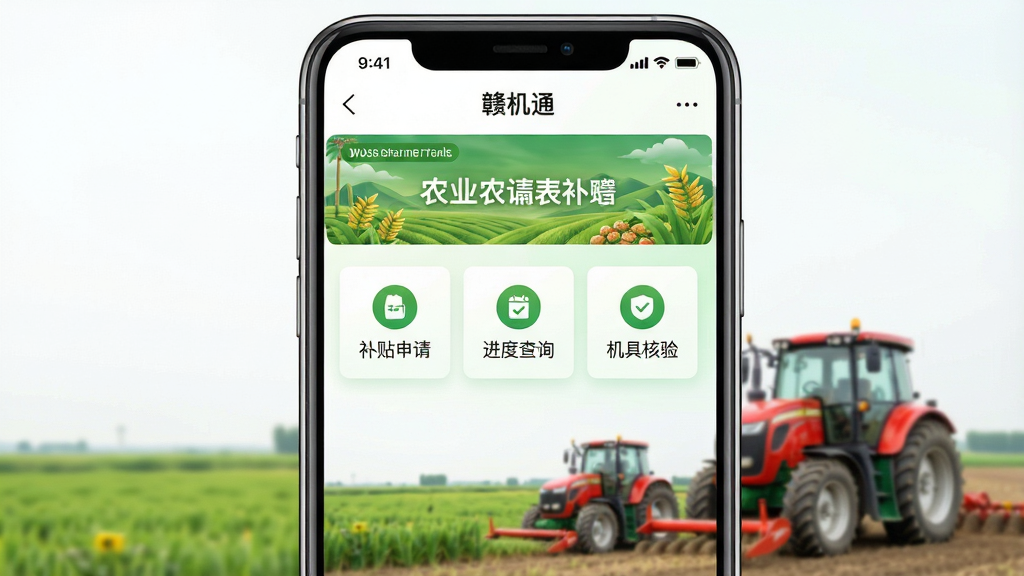 一张展示智能手机屏幕的图片,屏幕上打开着“赣机通”应用首页,页面顶部有绿色的农业风格横幅,中间显示补贴申请、进度查询、机具核验等图标按钮,背景是干净的白色和浅绿色渐变,手机下方有农田和拖拉机的虚化背景,整体风格简洁明亮,画质清晰,干净,无多余元素