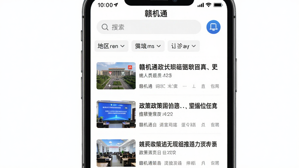 手机屏幕显示“赣机通”政策资讯列表页面,每条资讯配有缩略图和标题,页面顶部有搜索框和地区筛选标签,背景是干净的白色,整体排版清晰,风格商务简洁,画质清晰,干净,无多余元素