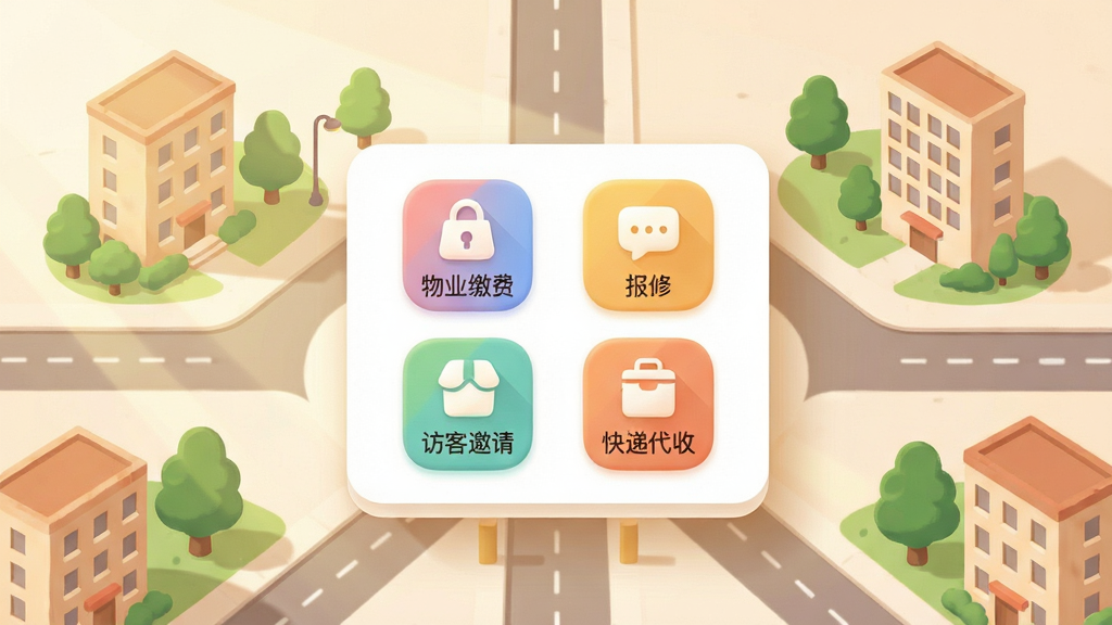 以“康桥互联”软件界面为核心,画面中央展示一个悬浮的卡片式服务面板,面板上排列着物业缴费、报修、访客邀请、快递代收四个彩色图标,周围环绕着社区楼宇、绿树和道路的简化插画,布局采用中心放射状构图,风格为温暖亲和的插画风,细节包括柔和的阳光阴影、圆润的图标造型、淡雅的背景色调,画质细腻干净,无多余元素