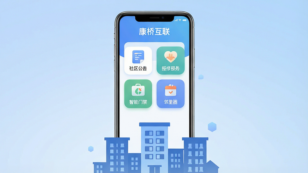 画面上方居中位置放置一款智能手机,手机屏幕显示“康桥互联”软件主界面,界面中包含社区公告、报修服务、智能门禁、邻里圈等图标按钮,手机下方有简洁的社区楼宇剪影,整体布局采用上下结构,风格为现代扁平化科技风,细节包括柔和的蓝色渐变背景、圆角图标、清晰的文字标签,画质清晰干净,无多余元素