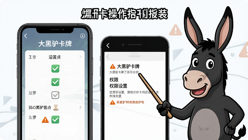 一幅大黑驴卡牌新手操作指引图,画面中展示手机屏幕上的安装步骤和权限设置界面,旁边有卡通黑驴形象手持指示棒进行讲解,布局为左右分栏,风格为信息图表,细节包括步骤序号、勾选图标和警告标志,画质清晰,画面干净无多余元素,图中文字包含“大黑驴卡牌”