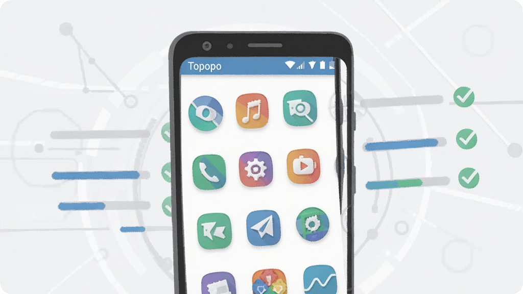 һ��չʾ Topopo Ӧ�ù������ܵĲ廭������������һ����׿�ֻ�����Ļ����ʾ���Ӧ��ͼ���������У��Ա��н������͹�ѡ��ǣ�����Ϊǳ��ɫ�Ƽ�����������������죬ϸ�ڰ�����Topopo�������������ֻ����������������ɾ����޶���Ԫ��