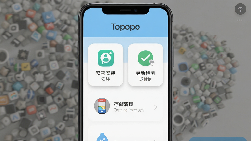 һ��չʾ Topopo ������������ֻ���Ļ��ͼ�����������Ǹɾ���ǳ��ɫӦ�ù�����壬�����С�Topopo�����ֱ�ʶ���·�������Ӧ�ð�װ�����¼�⡢�洢�����������ܿ�Ƭ�����岼�ּ�����������Ϊ�ִ���ƽ����ƣ�ϸ�ڰ���Բ��ͼ�ꡢ�����Ӱ�Ͱ�ɫ���������������ɾ����޶���Ԫ��
